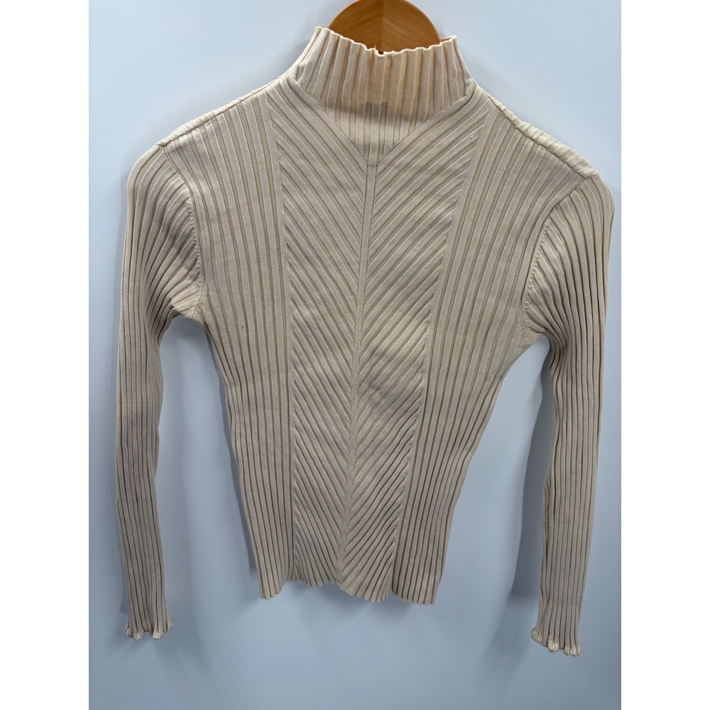 Cache Vintage Silk Blend Ribbed Mock Neck Sweater Cream Beige Chevron Knit M